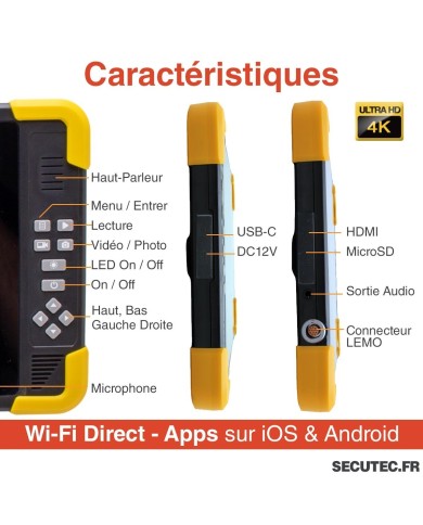 Moniteur industriel 10 pouces 4K avec écran tactile - Enregistrement et affichage haute résolution - Connexion Wi-Fi