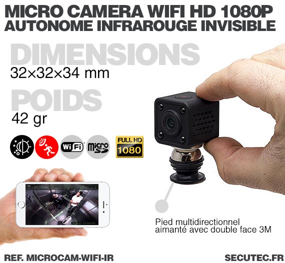 dimensions Micro caméra WiFi HD 1080P autonome avec infrarouge invisible