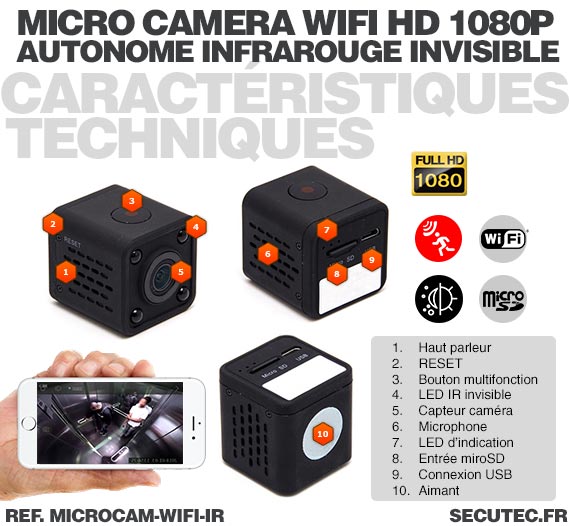 Caractéristique Micro caméra WiFi HD 1080P autonome avec infrarouge invisible