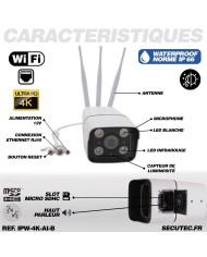 Caméra IP WIFI 4K 8 Mpx waterproof infrarouge 40m alerte intelligente détection humains véhicules animaux