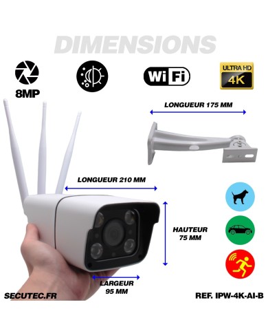Caméra IP WIFI 4K 8 Mpx waterproof infrarouge 40m alerte intelligente détection humains véhicules animaux