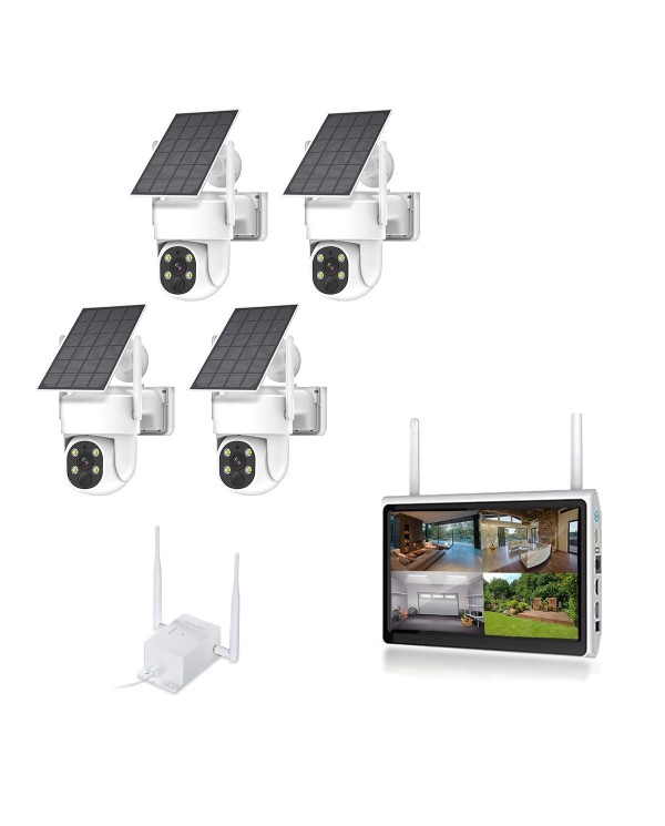 Kit vidéosurveillance 3G4G 4 caméras solaires pilotable PIR UHD écran LCD 10.1 enregistreur 1To routeur 3G4G WiFi