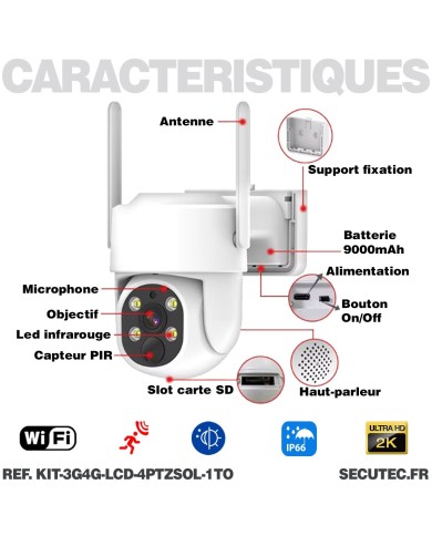 Kit vidéosurveillance 3G4G 4 caméras solaires pilotable PIR UHD écran LCD 10.1 enregistreur 1To routeur 3G4G WiFi