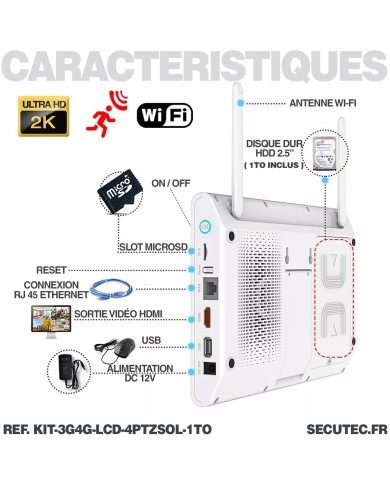 Kit vidéosurveillance 3G4G 4 caméras solaires pilotable PIR UHD écran LCD 10.1 enregistreur 1To routeur 3G4G WiFi