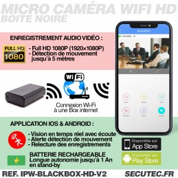 Multiprise noire avec micro caméra cachée HD 1080P WiFi écoute à  distance detection de mouvement et carte mémoire 128Go inclus