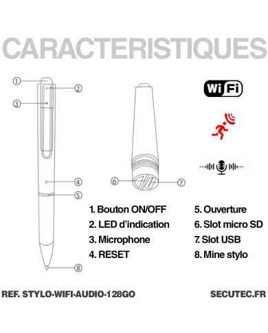Stylo enregistreur audio WiFi ultra longue autonomie detection de bruit ecout à distance mémoire 128Go