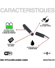Stylo enregistreur audio WiFi ultra longue autonomie detection de bruit ecout à distance mémoire 128Go