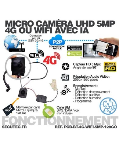 Micro caméra 4G ou WiFi type bouton à intégrer accès à distance via iPhone Android enregistrement Ultra HD 5MP sur micro SD 128G