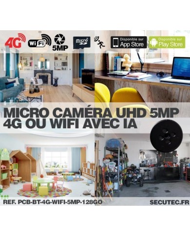 Micro caméra 4G ou WiFi type bouton à intégrer accès à distance via iPhone Android enregistrement Ultra HD 5MP sur micro SD 128G