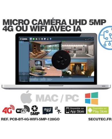Micro caméra 4G ou WiFi type bouton à intégrer accès à distance via iPhone Android enregistrement Ultra HD 5MP sur micro SD 128G