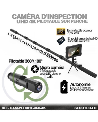 Caméra inspection pilotable 360° avec perche 5 mètres ultra HD 4K avec écran tactile enregistreur 7 pouces