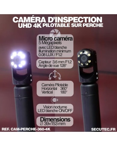 Caméra inspection pilotable 360° avec perche 5 mètres ultra HD 4K avec écran tactile enregistreur 7 pouces