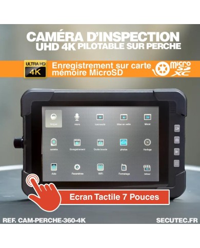 Caméra inspection pilotable 360° avec perche 5 mètres ultra HD 4K avec écran tactile enregistreur 7 pouces