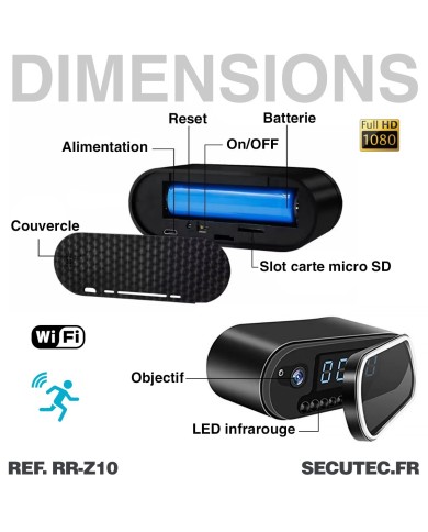 Horloge micro caméra IP WiFi HD avec vision nocturne invisible carte micro SD 128Go incluse