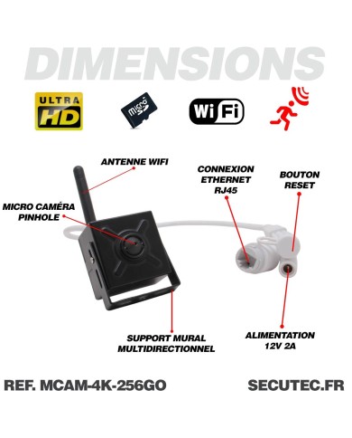 Micro caméra pinhole WiFi à intégrer enregistrement Ultra HD 4K alerte détection humaine avec carte SD 256Go