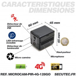 Micro caméra 4G UHD 2K longue autonomie avec détection de mouvement PIR et  humaine vision nocturne invisible 128 Go inclus