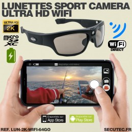 Lunettes caméra sport WiFi Ultra HD 2K enregistrement sur carte  microSD 64Go