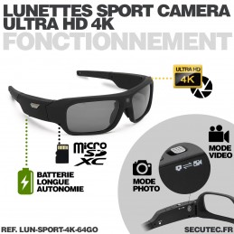 Lunettes caméra sport WiFi Ultra HD 2K enregistrement sur carte  microSD 64Go