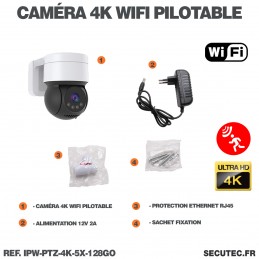 Caméra pilotable IP WiFI UHD 4K waterproof Zoom 5X infrarouge detection  humaine 128Go inclus