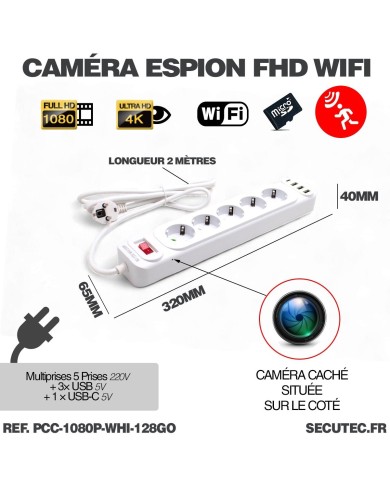 Multiprise caméra espion HD 1080P WiFi avec écoute à distance et mémoire 128 Go