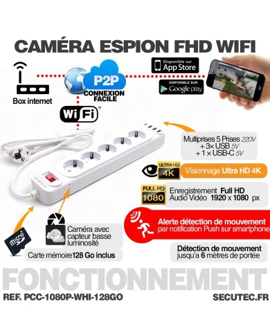 Multiprise caméra espion HD 1080P WiFi avec écoute à distance et mémoire 128 Go