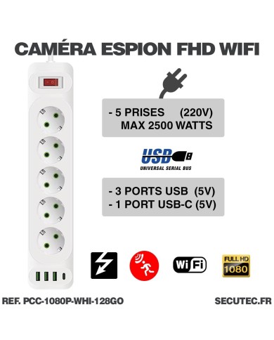 Multiprise caméra espion HD 1080P WiFi avec écoute à distance et mémoire 128 Go