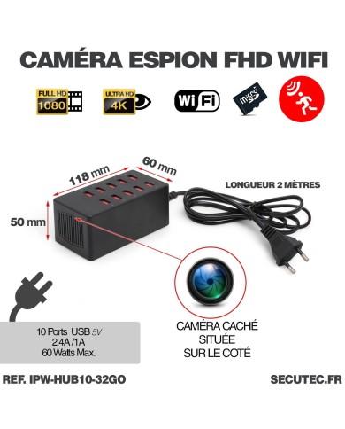 Hub multiprise USB caméra WiFi cachée  Détection mouvement & écoute à distance