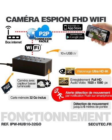 Hub multiprise USB caméra WiFi cachée  Détection mouvement & écoute à distance