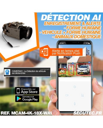 Mini Caméra vidéosurveillance WIFI 4K UHD 8MP Zoom 18X détection humaine AI accès à distance via iPhone Android et PC avec micro
