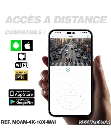 Mini Caméra vidéosurveillance WIFI 4K UHD 8MP Zoom 18X détection humaine AI accès à distance via iPhone Android et PC avec micro