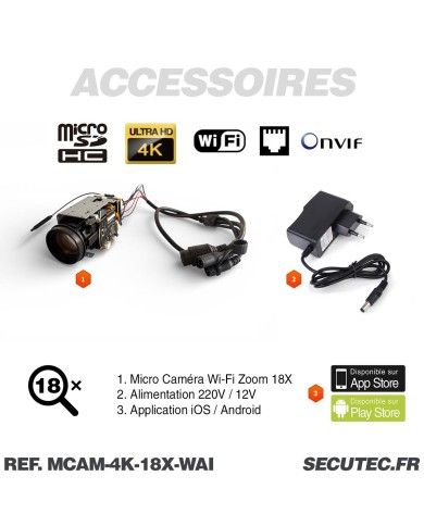 Mini Caméra vidéosurveillance WIFI 4K UHD 8MP Zoom 18X détection humaine AI accès à distance via iPhone Android et PC avec micro
