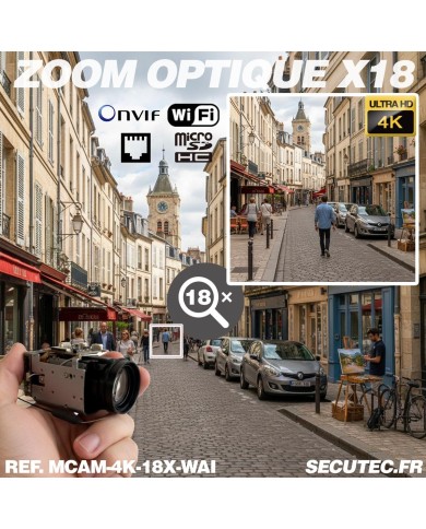 Mini Caméra vidéosurveillance WIFI 4K UHD 8MP Zoom 18X détection humaine AI accès à distance via iPhone Android et PC avec micro