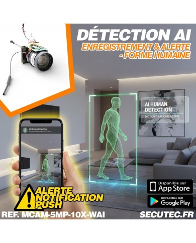 Mini caméra vidéosurveillance WIFI UHD 5Mpx Zoom 10X détection humaine AI accès à distance via iPhone Android et PC avec microSD