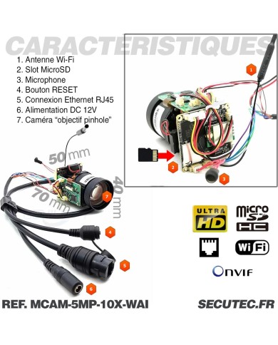 Mini caméra vidéosurveillance WIFI UHD 5Mpx Zoom 10X détection humaine AI accès à distance via iPhone Android et PC avec microSD