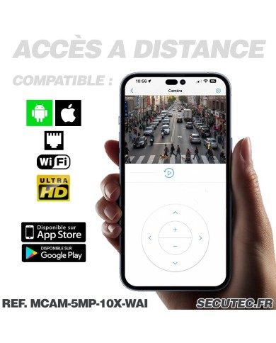 Mini caméra vidéosurveillance WIFI UHD 5Mpx Zoom 10X détection humaine AI accès à distance via iPhone Android et PC avec microSD