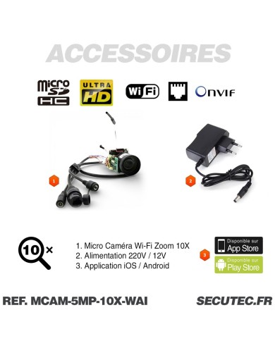 Mini caméra vidéosurveillance WIFI UHD 5Mpx Zoom 10X détection humaine AI accès à distance via iPhone Android et PC avec microSD