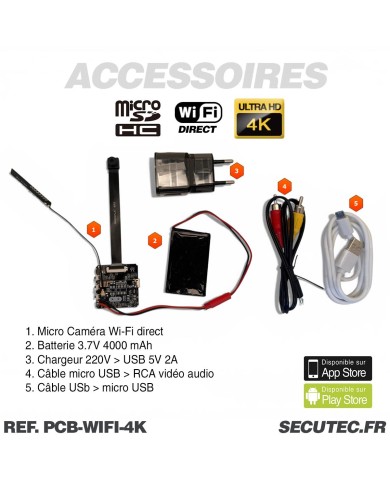 Micro camera wi-fi direct ultra HD 4K à 60 ips capteur 13MP batterie 4000 mAh microSD jusqu’à 256 Go