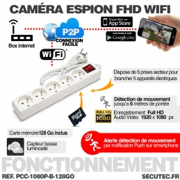 Multiprise blanche avec micro caméra cachée HD 1080P WiFi écoute à distance  detection de mouvement et carte mémoire 128Go