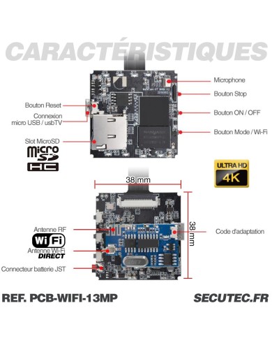 Micro camera wi-fi direct ultra HD 4K à 30 ips capteur 13MP zoom X4 timelapse batterie 4000 mAh microSD jusqu’à 256 Go