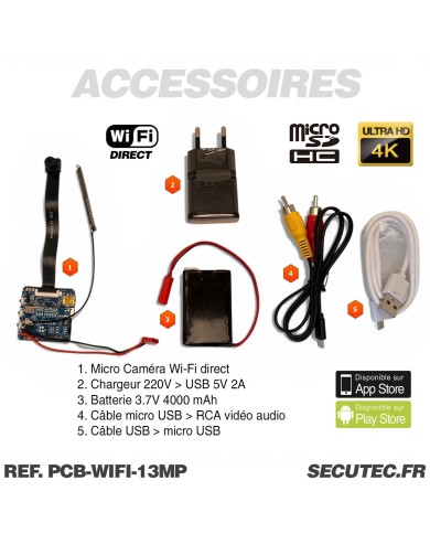 Micro camera wi-fi direct ultra HD 4K à 30 ips capteur 13MP zoom X4 timelapse batterie 4000 mAh microSD jusqu’à 256 Go