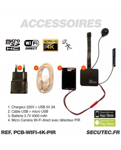 Micro camera wi-fi direct ultra HD 4K à 60 ips capteur 13MP détection de mouvement PIR batterie 4000 mAh microSD jusqu’à 256 Go