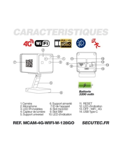 Micro caméra 4G WiFi HD 1080P longue autonomie waterproof avec détection de mouvement vision nocturne invisible 128 Go
