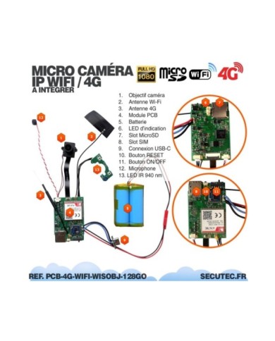 Module micro caméra HD 1080P WiFi ou 4G avec détection de mouvement vision nocturne infrarouge invisible 128 Go