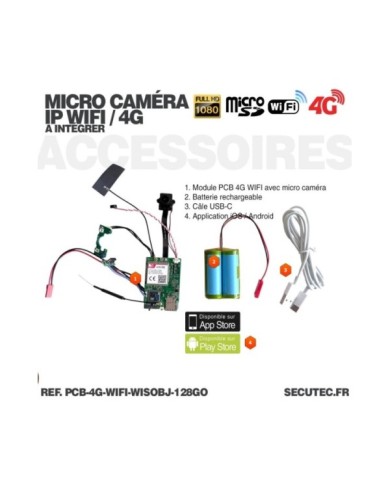 Module micro caméra HD 1080P WiFi ou 4G avec détection de mouvement vision nocturne infrarouge invisible 128 Go