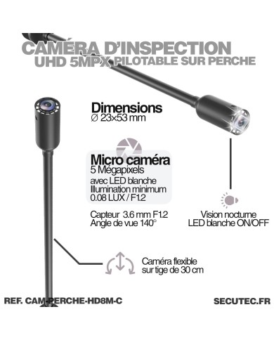 Caméra d'inspection HD 1080p avec perche 8m étanche et écran 7 pouces