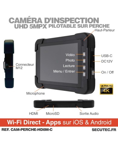 Caméra d'inspection HD 1080p avec perche 8m étanche et écran 7 pouces