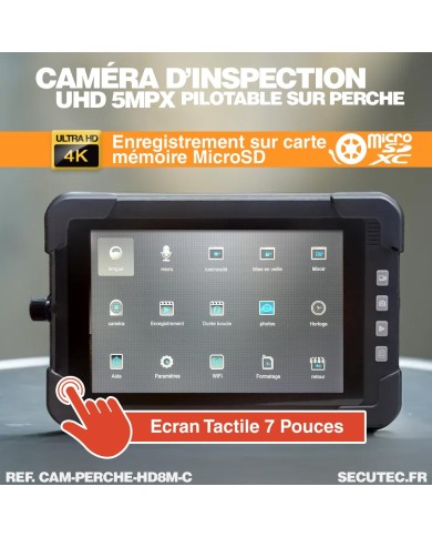 Caméra d'inspection HD 1080p avec perche 8m étanche et écran 7 pouces