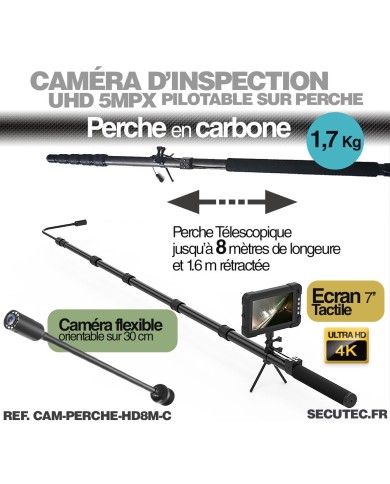 Caméra d'inspection HD 1080p avec perche 8m étanche et écran 7 pouces