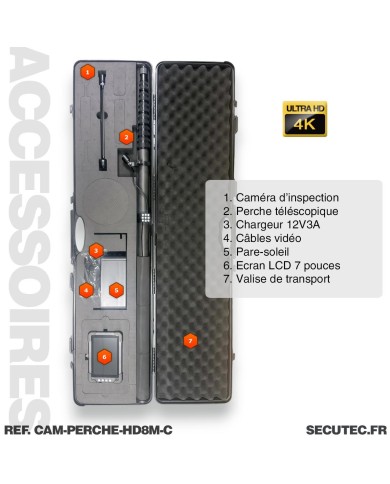 Caméra d'inspection HD 1080p avec perche 8m étanche et écran 7 pouces
