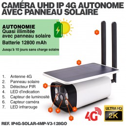 Caméra solaire IP GSM 4G UHD 4MP 2K 128Go inclus waterproof Infrarouge  accès à distance via iPhone Android